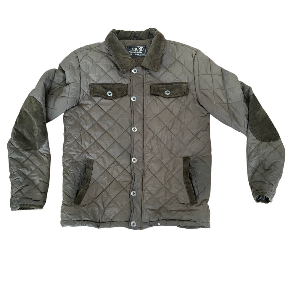 E-Bound Earthbound Green Quilted Barn Jacket Corduroy Trim Elbow Patches Small S